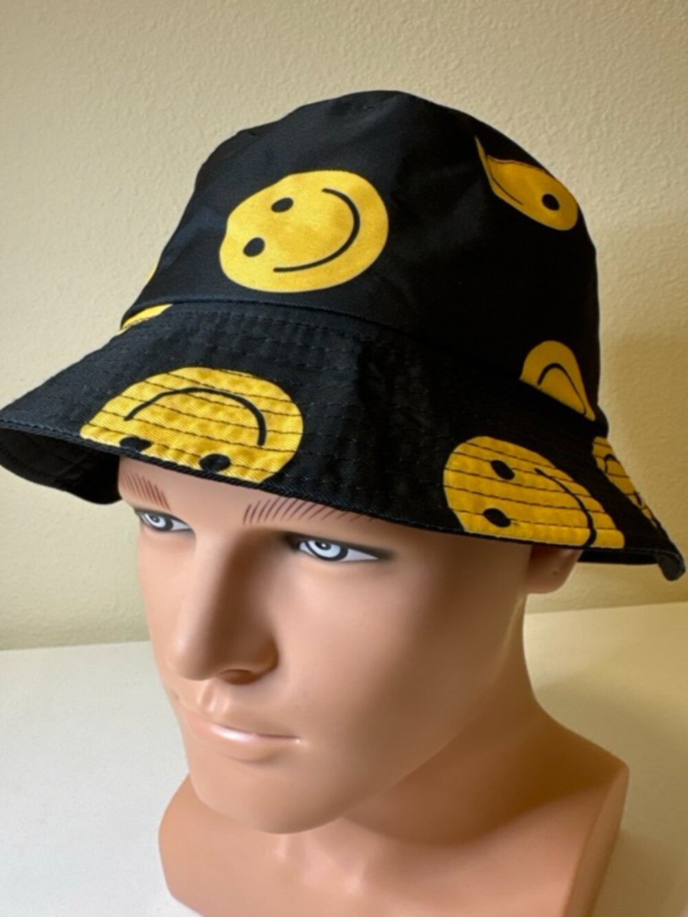 Unisex Black Bucket Hat with Yellow Smiley Face Pattern